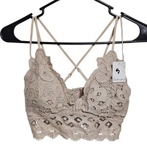 Anemone Lace Beige Bralette Top Size Small Double Straps Crisscross Back Padded